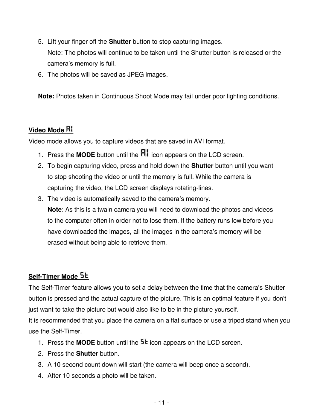 Vivitar viv-cv-530v user manual Video Mode, Self-Timer Mode 