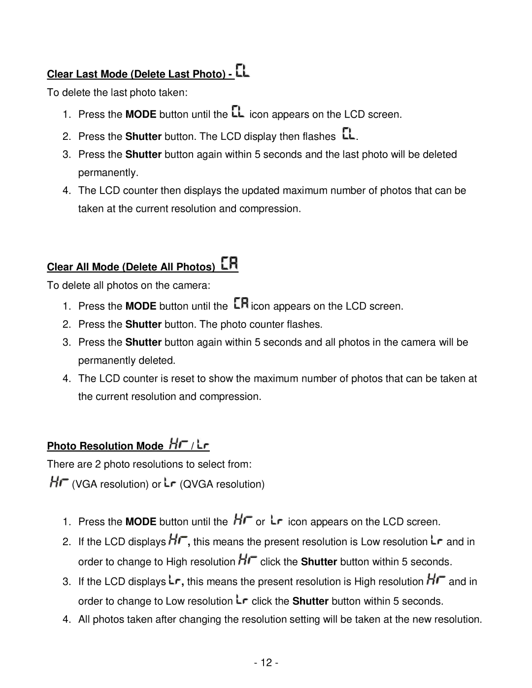 Vivitar viv-cv-530v user manual Clear Last Mode Delete Last Photo, Clear All Mode Delete All Photos, Photo Resolution Mode 