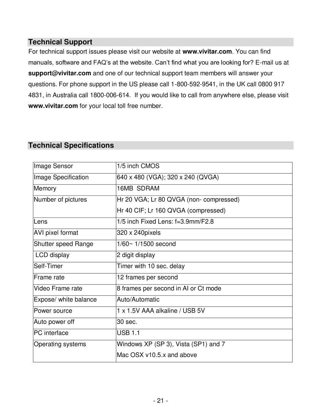 Vivitar viv-cv-530v user manual Technical Support Technical Specifications, 16MB Sdram 