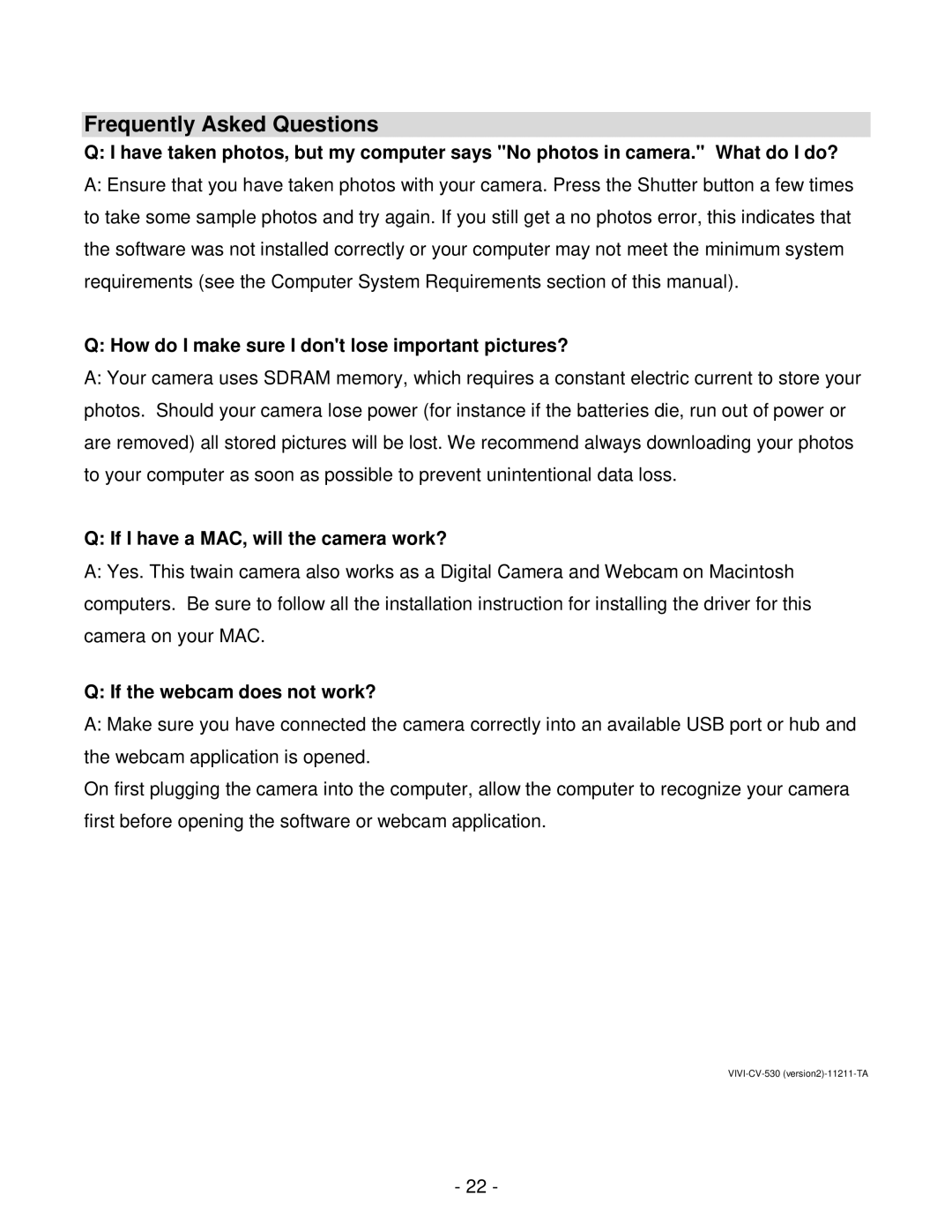 Vivitar viv-cv-530v user manual Frequently Asked Questions, How do I make sure I dont lose important pictures? 