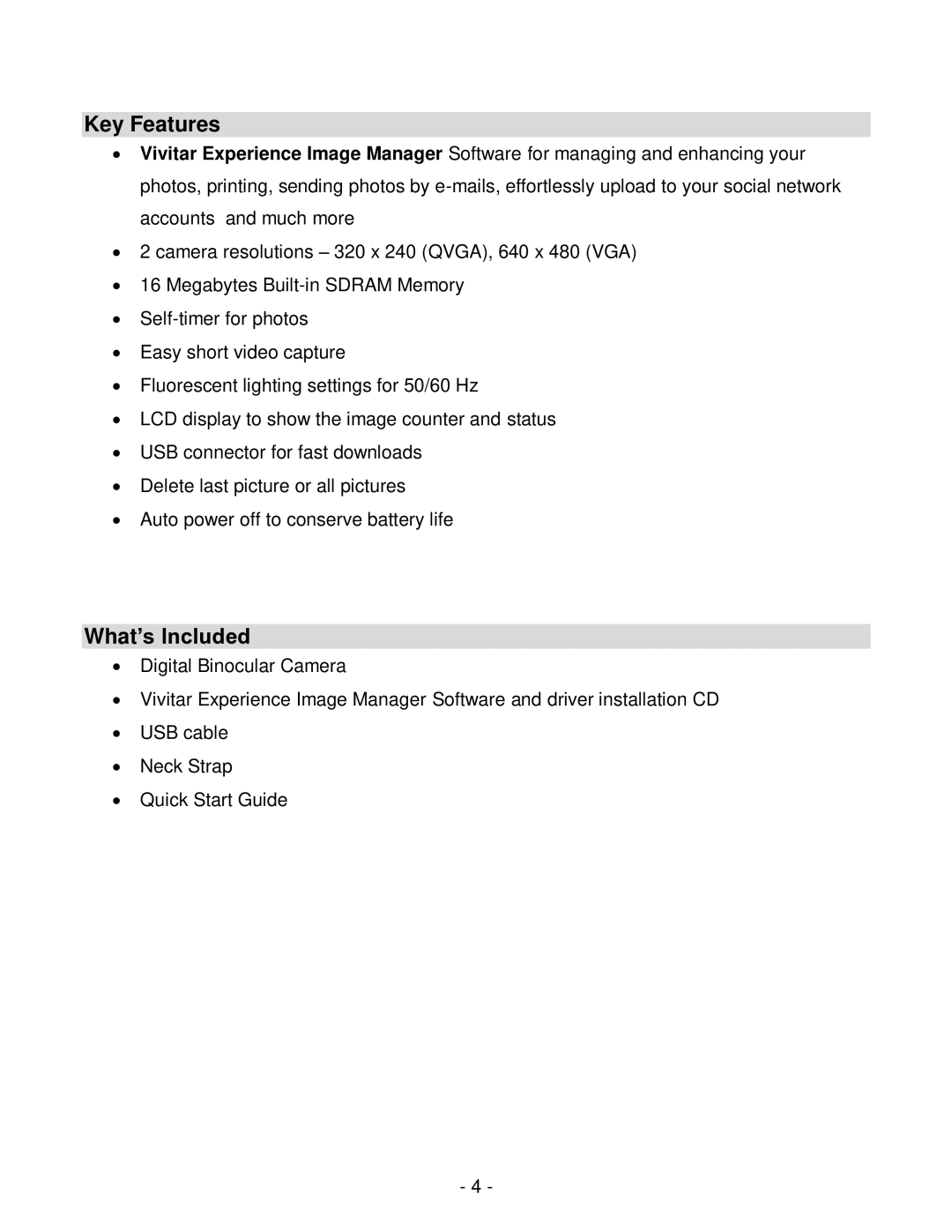 Vivitar viv-cv-530v user manual Key Features, What‟s Included 