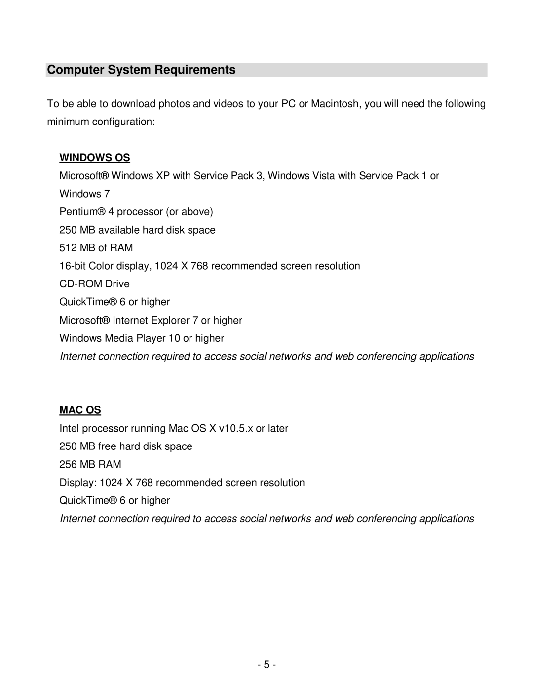 Vivitar viv-cv-530v user manual Computer System Requirements, Windows OS 