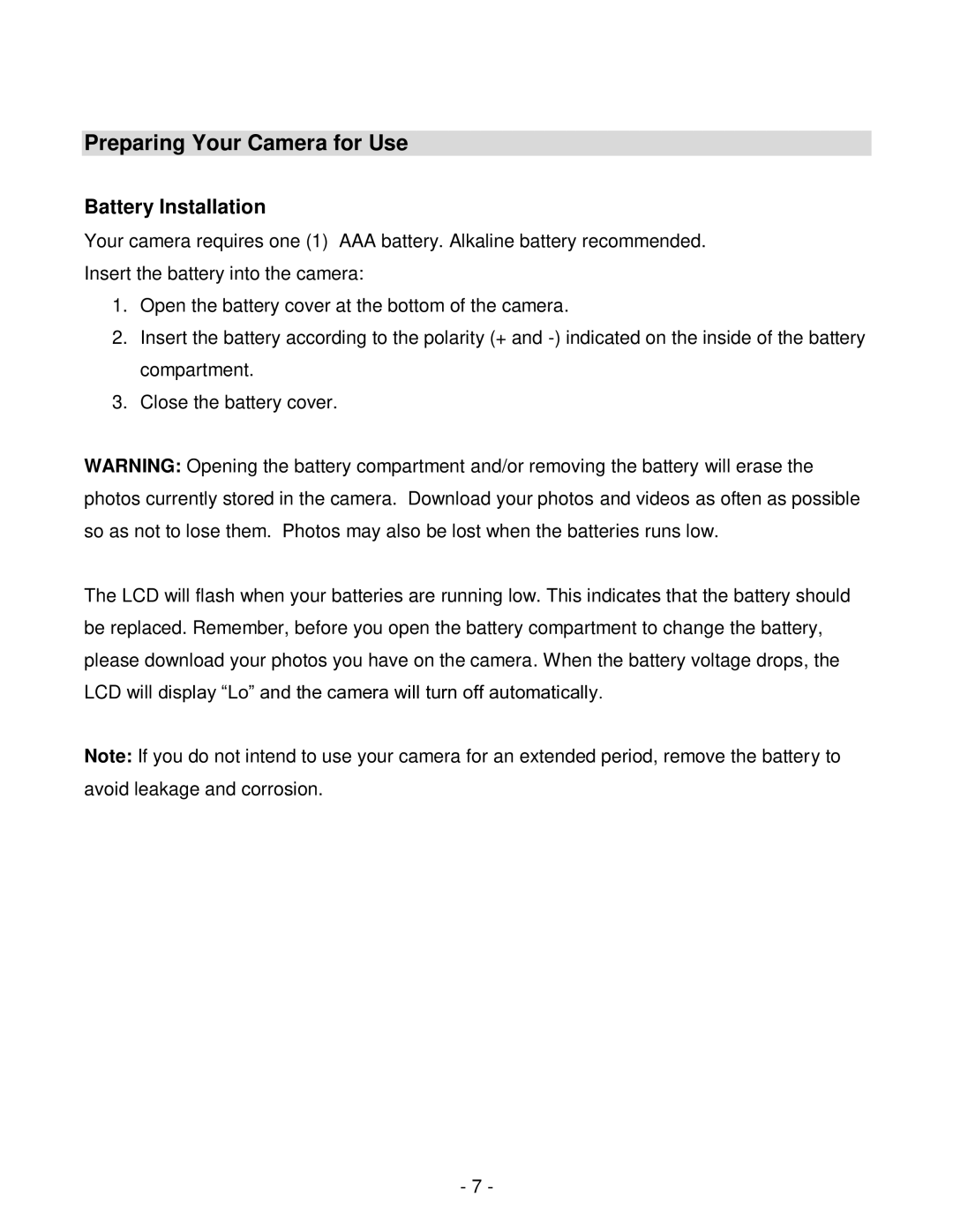 Vivitar viv-cv-530v user manual Preparing Your Camera for Use, Battery Installation 