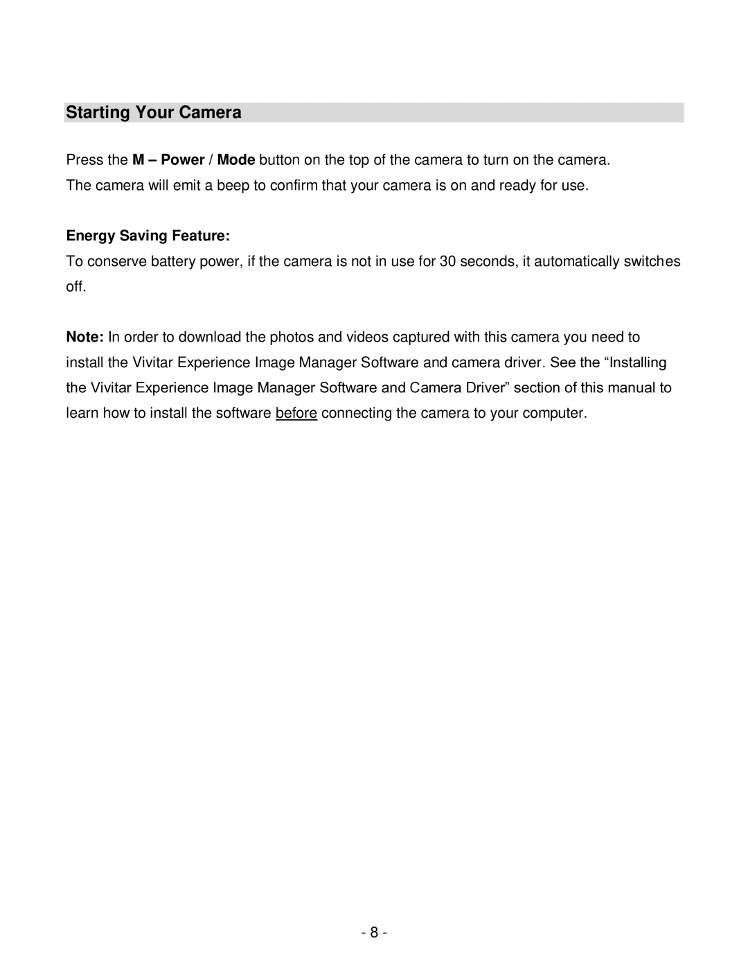 Vivitar viv-cv-530v user manual Starting Your Camera, Energy Saving Feature 