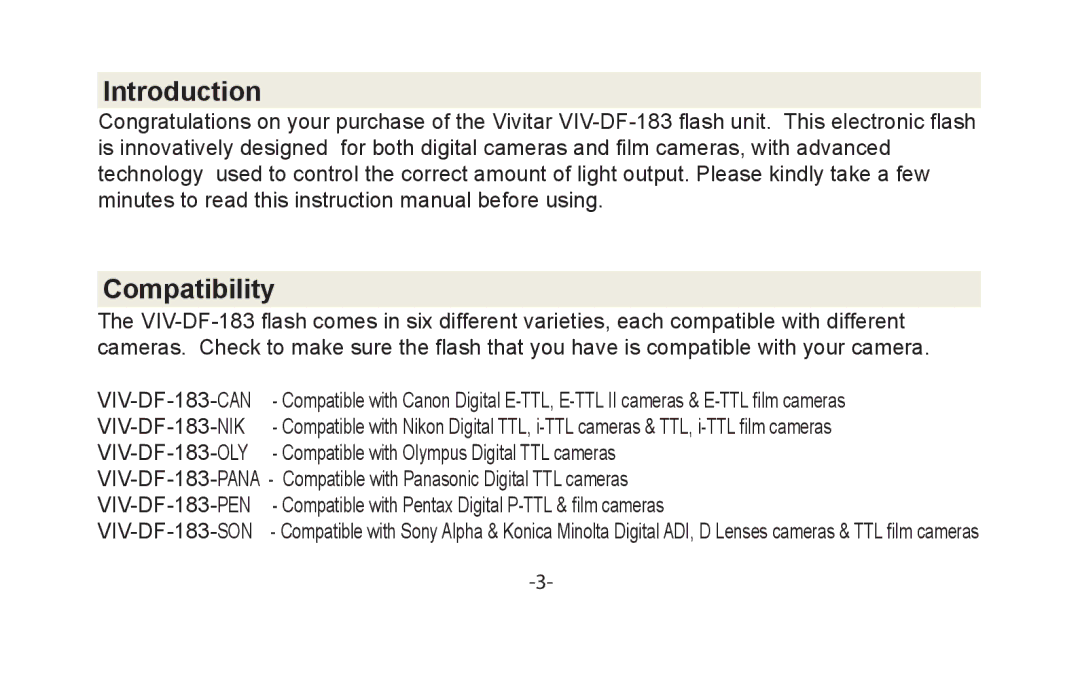 Vivitar instruction manual Introduction Compatibility, VIV-DF-183-OLY 