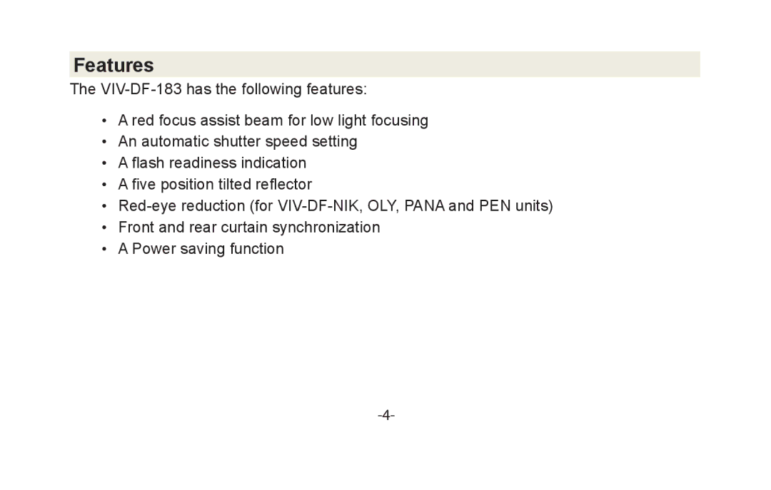 Vivitar VIV-DF-183 instruction manual Features 