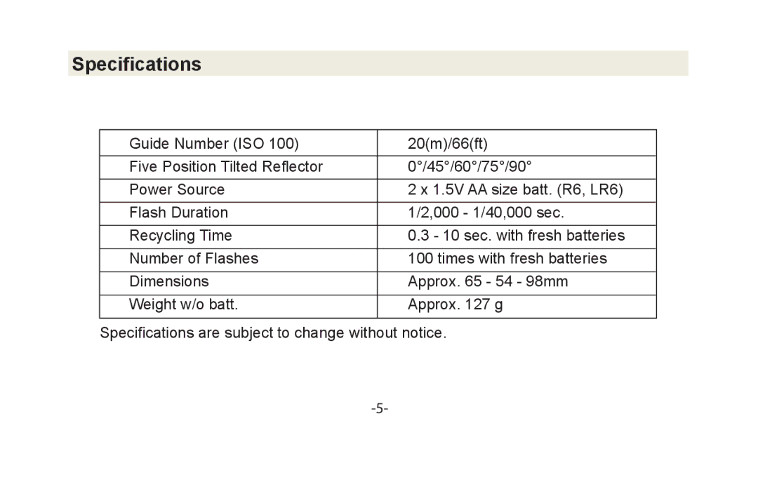 Vivitar VIV-DF-183 instruction manual Specifications 