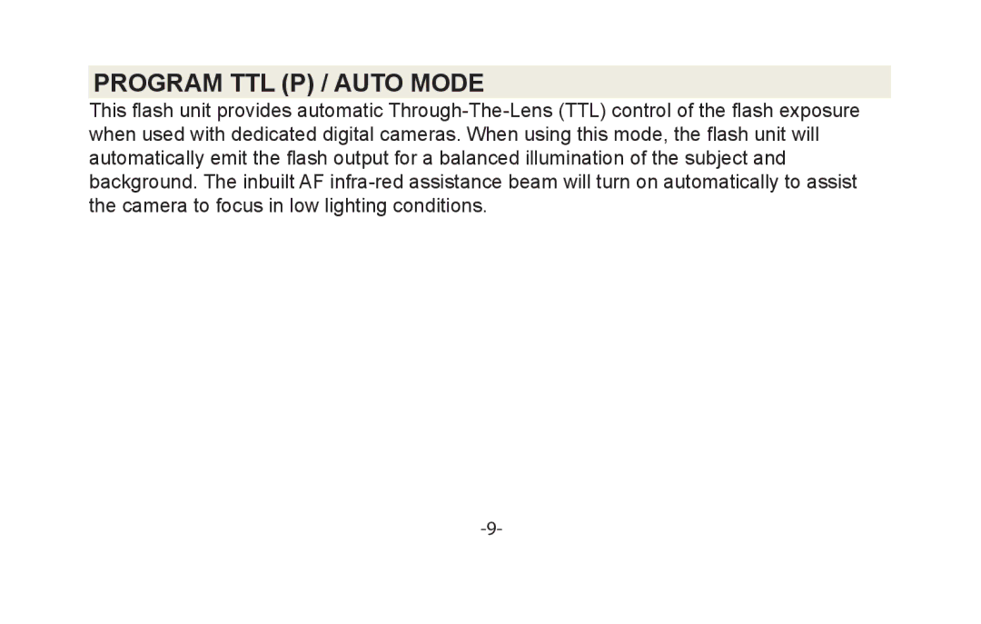 Vivitar VIV-DF-186 instruction manual Program TTL P / Auto Mode 