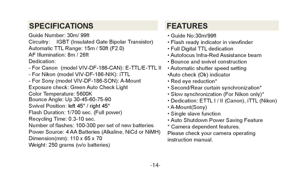 Vivitar VIV-DF-186 instruction manual Specifications, Features 