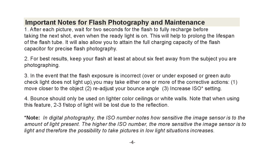 Vivitar VIV-DF-186 instruction manual Important Notes for Flash Photography and Maintenance 