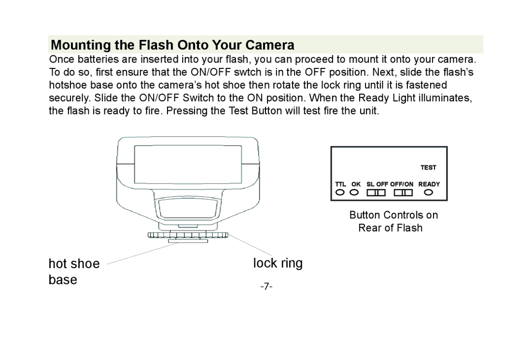 Vivitar VIV-DF-186 instruction manual Mounting the Flash Onto Your Camera 