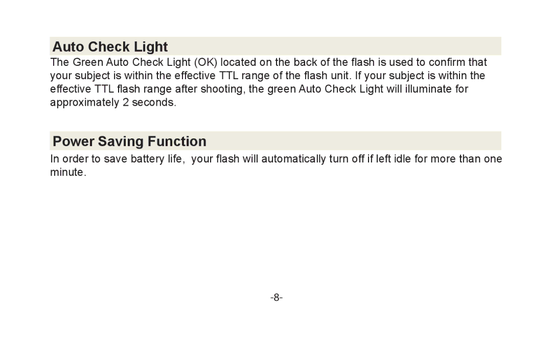 Vivitar VIV-DF-186 instruction manual Auto Check Light, Power Saving Function 