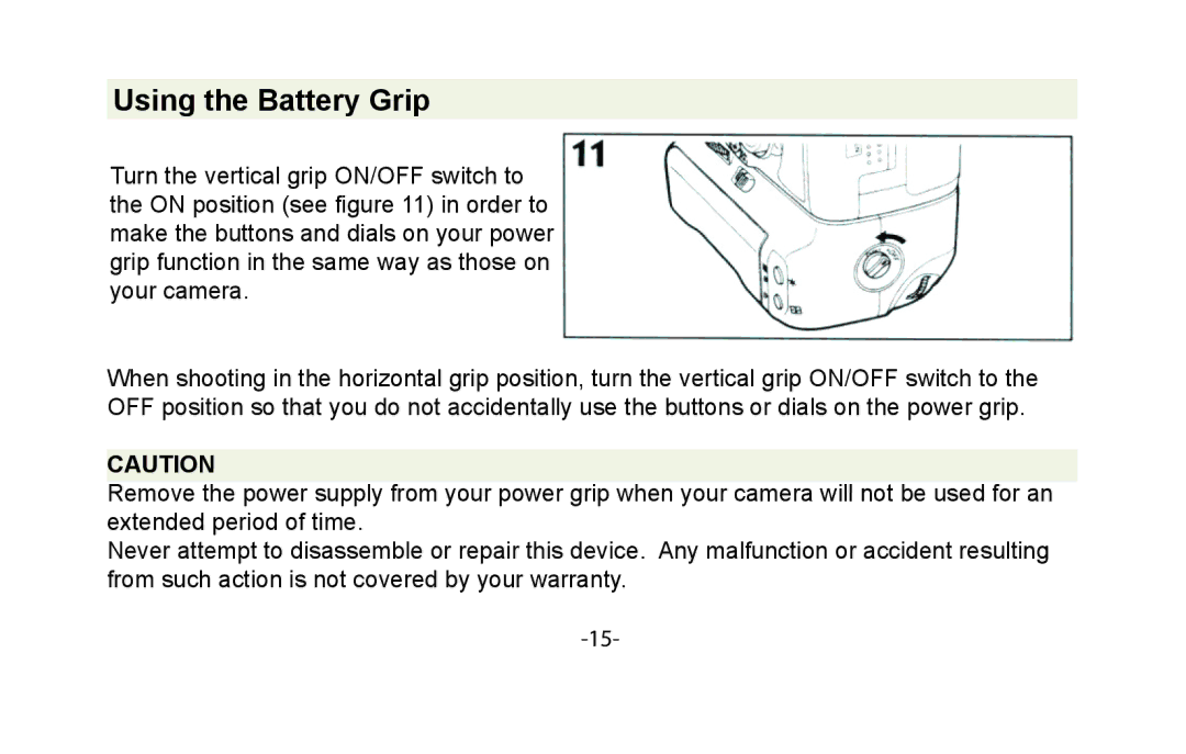 Vivitar VIV-PG-5DMII instruction manual Using the Battery Grip 