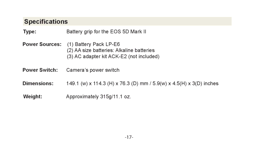 Vivitar VIV-PG-5DMII instruction manual Specifications 