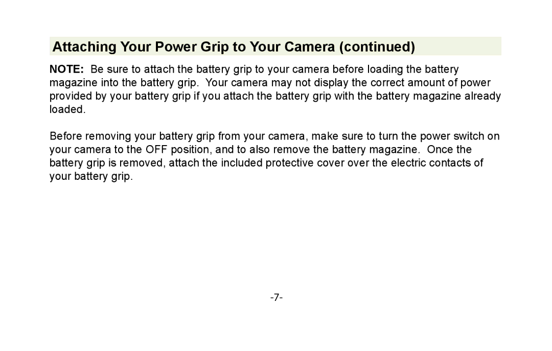 Vivitar VIV-PG-5DMII instruction manual Attaching Your Power Grip to Your Camera 