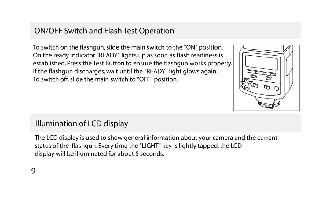 Vivitar VIV-PRO-648 instruction manual ON/OFF Switch and Flash Test Operation, Illumination of LCD display 