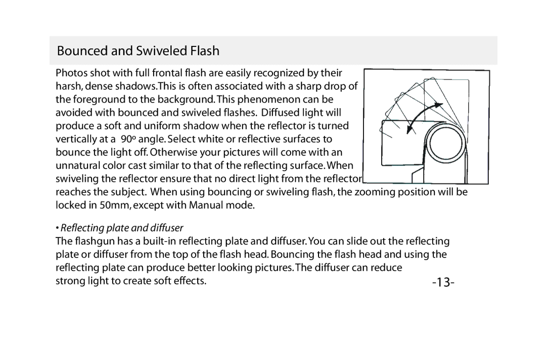 Vivitar VIV-PRO-648 instruction manual Bounced and Swiveled Flash, Reflecting plate and diffuser 