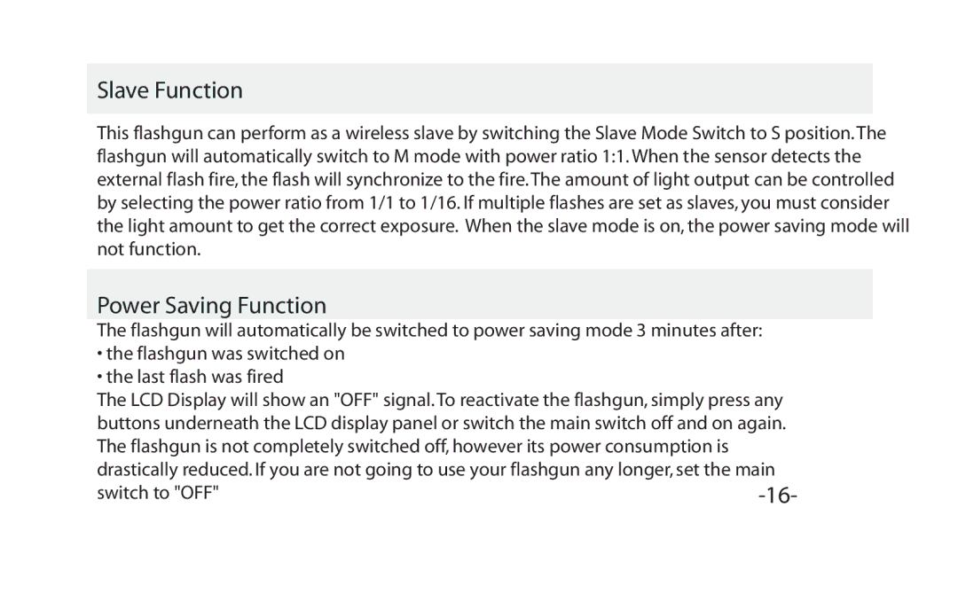 Vivitar VIV-PRO-648 instruction manual Slave Function, Power Saving Function 