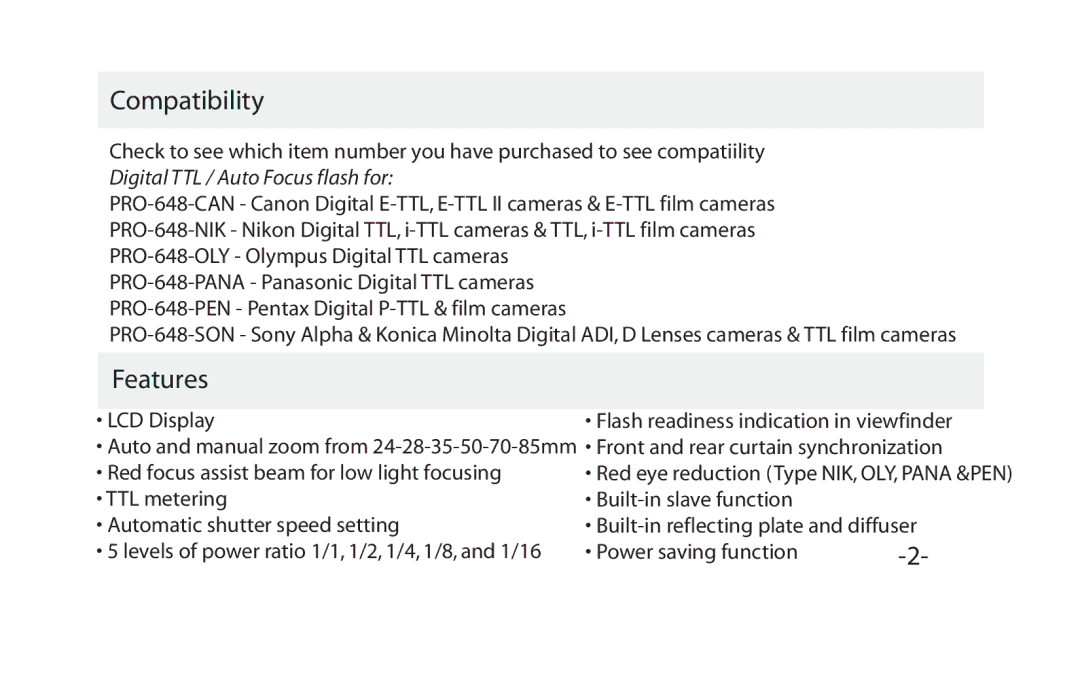 Vivitar VIV-PRO-648 instruction manual Compatibility, Features 