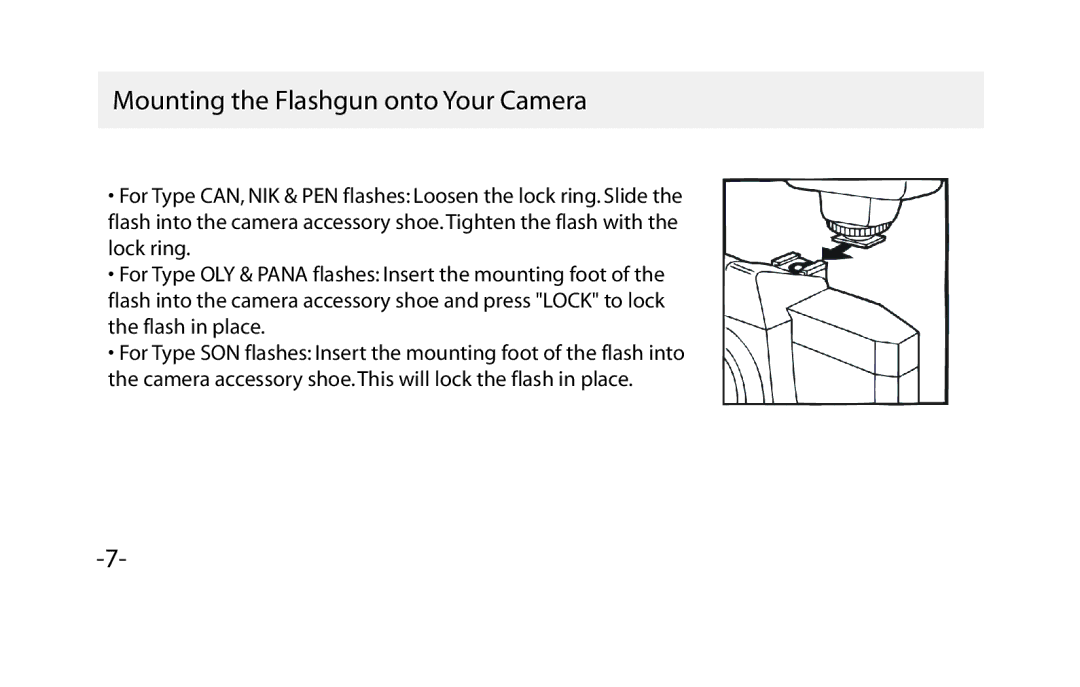 Vivitar VIV-PRO-648 instruction manual Mounting the Flashgun onto Your Camera 