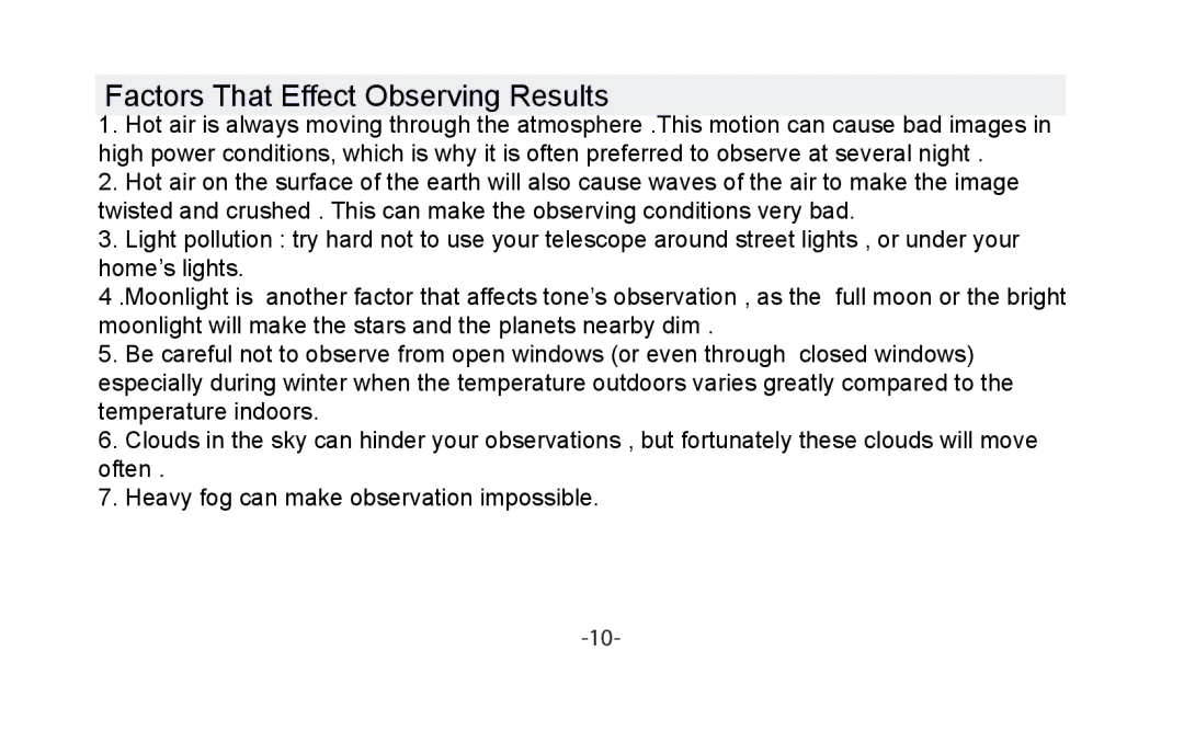 Vivitar VIV-TEL-76700 instruction manual Factors That Effect Observing Results 