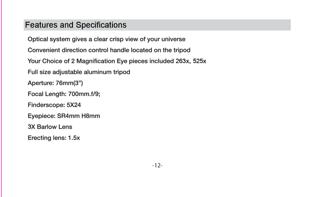 Vivitar VIV-TEL-76700 instruction manual FeaturesandandSpecif ifications 