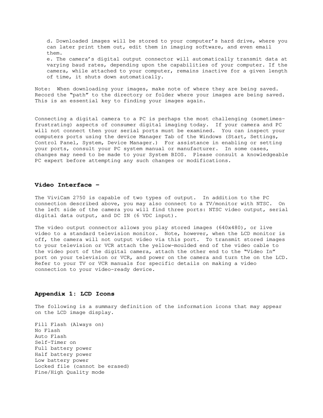 Vivitar ViviCam 2750 user manual Video Interface, Appendix 1 LCD Icons 