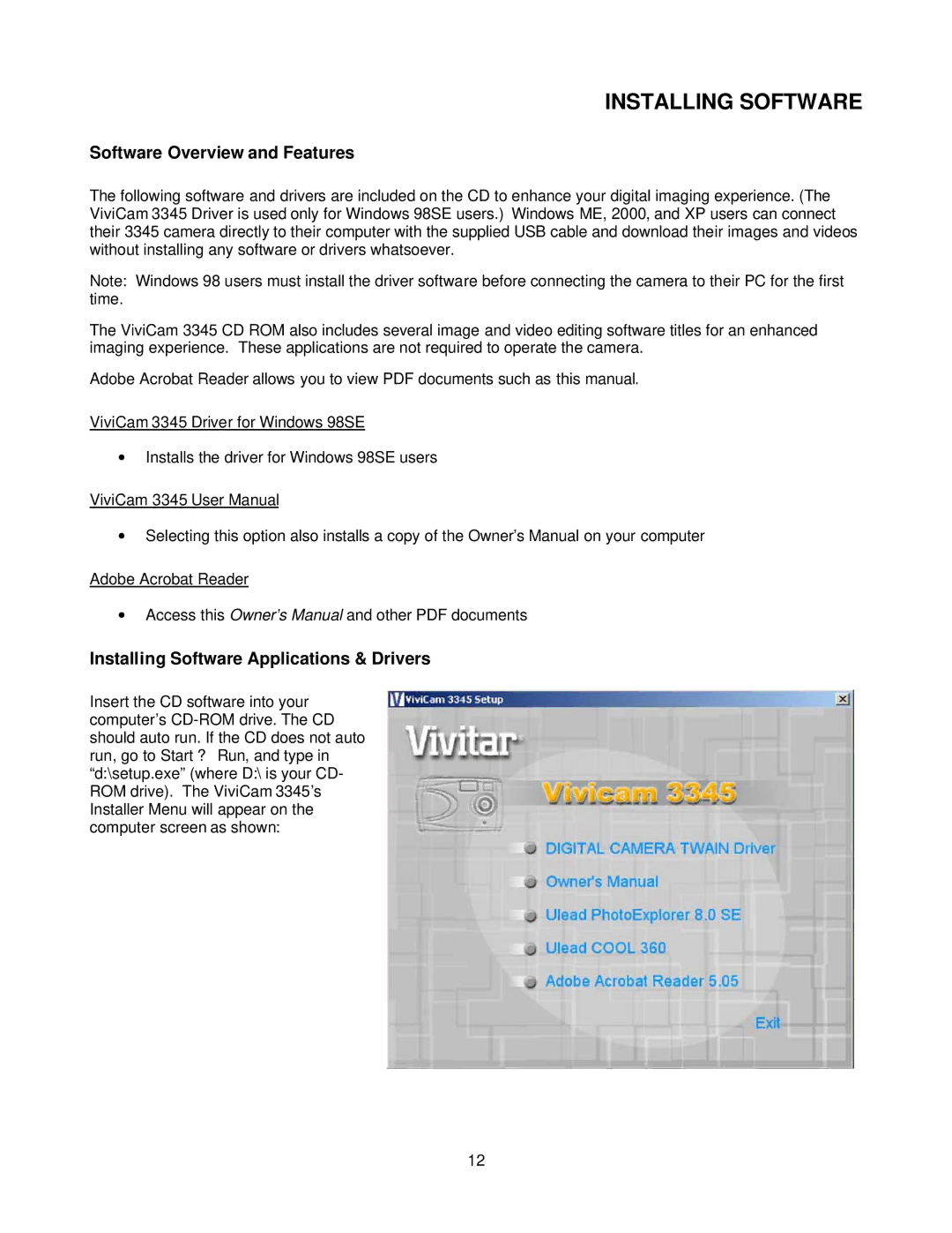 Vivitar ViviCam 3345 owner manual Software Overview and Features, Installing Software Applications & Drivers 