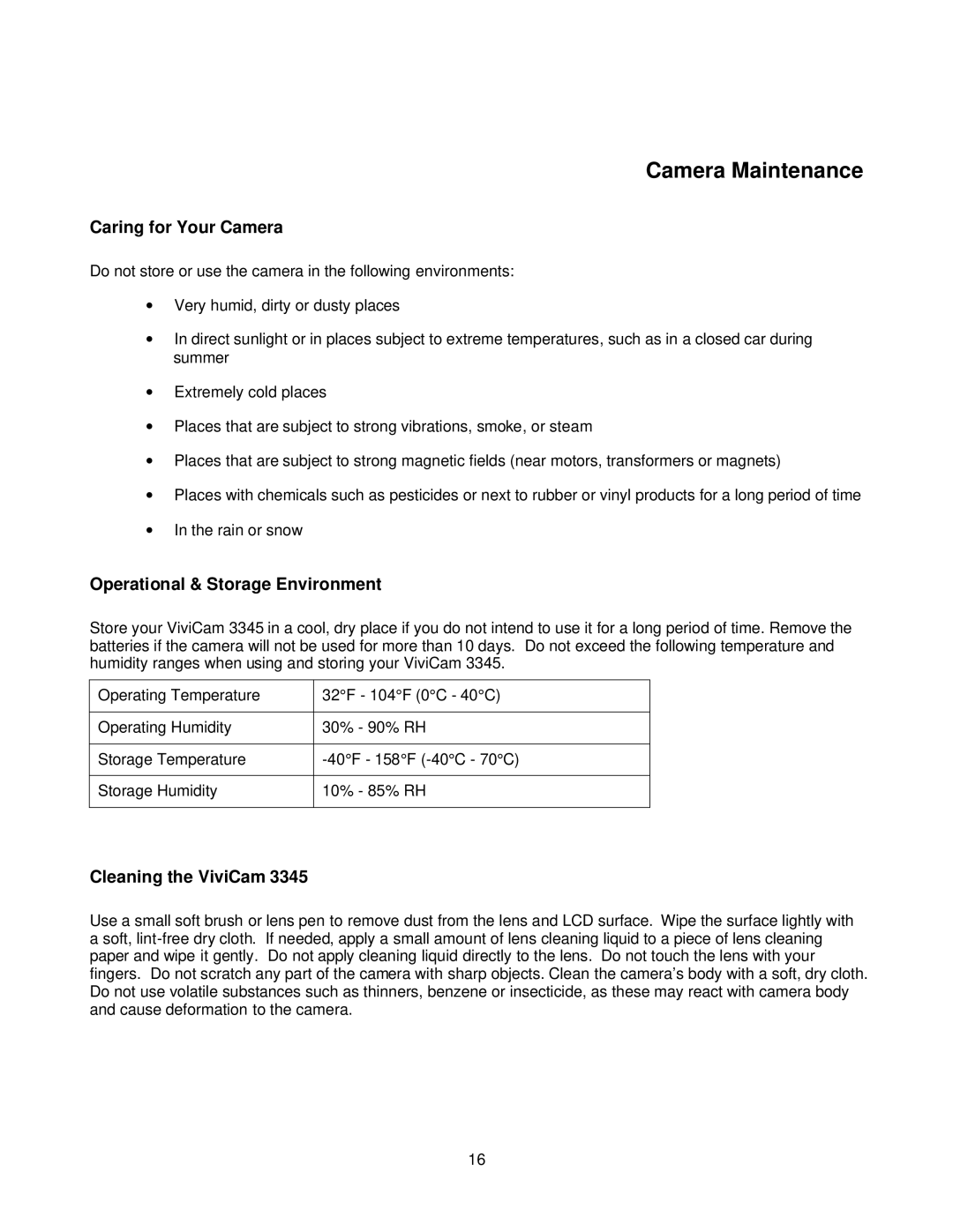 Vivitar ViviCam 3345 owner manual Caring for Your Camera, Operational & Storage Environment, Cleaning the ViviCam 