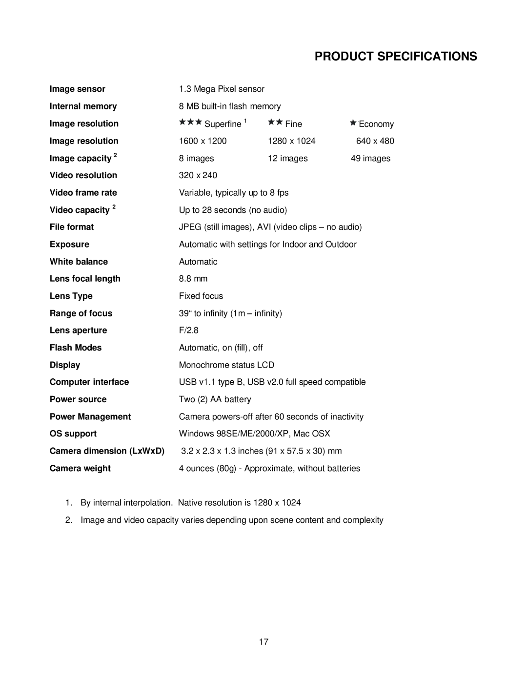 Vivitar ViviCam 3345 owner manual Product Specifications 