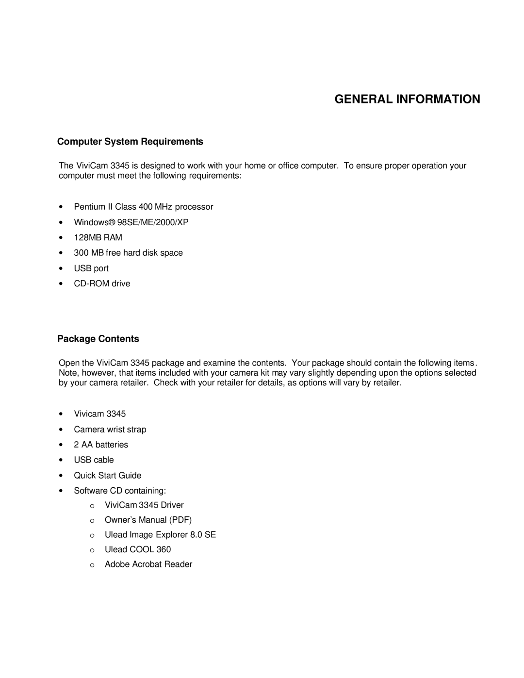 Vivitar ViviCam 3345 owner manual General Information, Computer System Requirements, Package Contents 