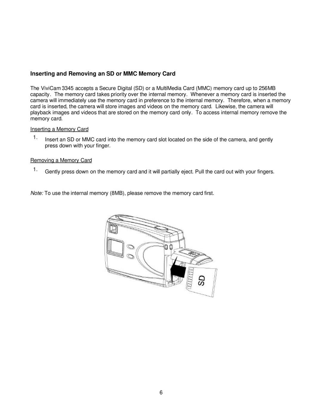 Vivitar ViviCam 3345 owner manual Inserting and Removing an SD or MMC Memory Card 