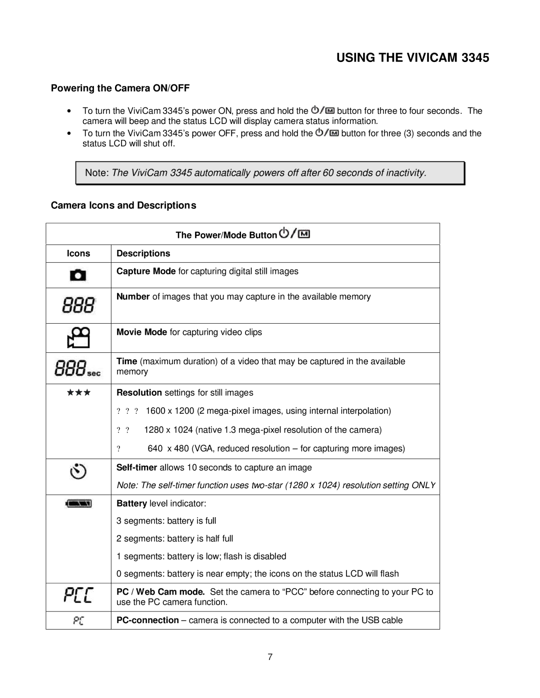 Vivitar ViviCam 3345 owner manual Using the Vivicam, Powering the Camera ON/OFF, Camera Icons and Descriptions 