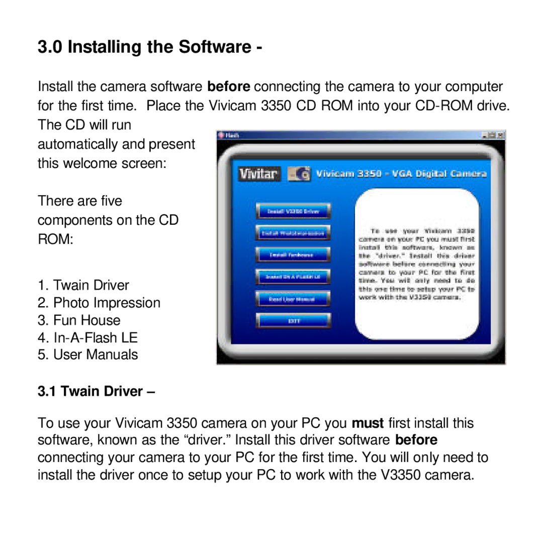 Vivitar viviCam 3350 user manual Installing the Software, Twain Driver 