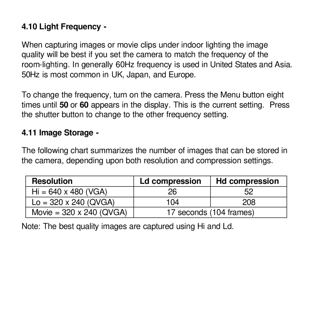 Vivitar viviCam 3350 user manual Light Frequency, Image Storage, Resolution Ld compression Hd compression 