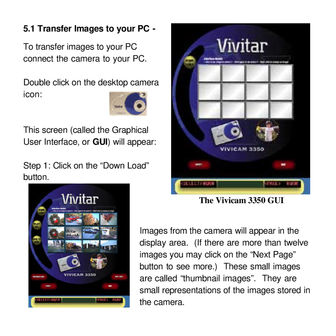 Vivitar viviCam 3350 user manual Transfer Images to your PC, Vivicam 3350 GUI 