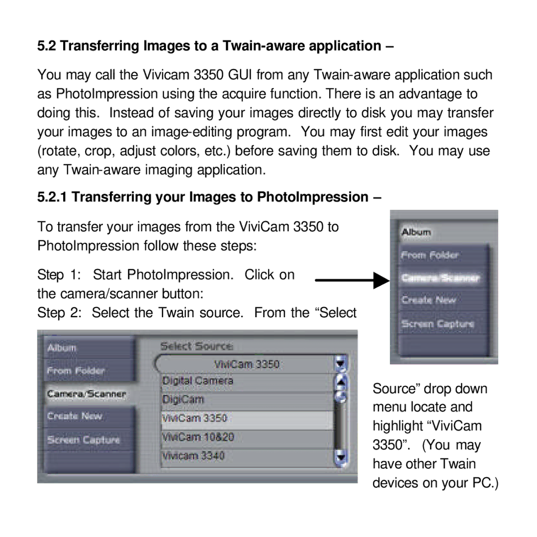 Vivitar viviCam 3350 Transferring Images to a Twain-aware application, Transferring your Images to PhotoImpression 