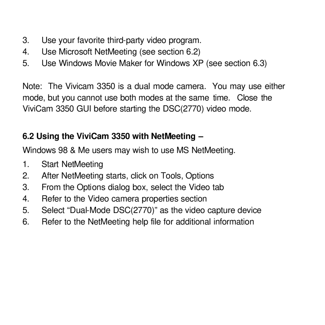 Vivitar viviCam 3350 user manual Using the ViviCam 3350 with NetMeeting 