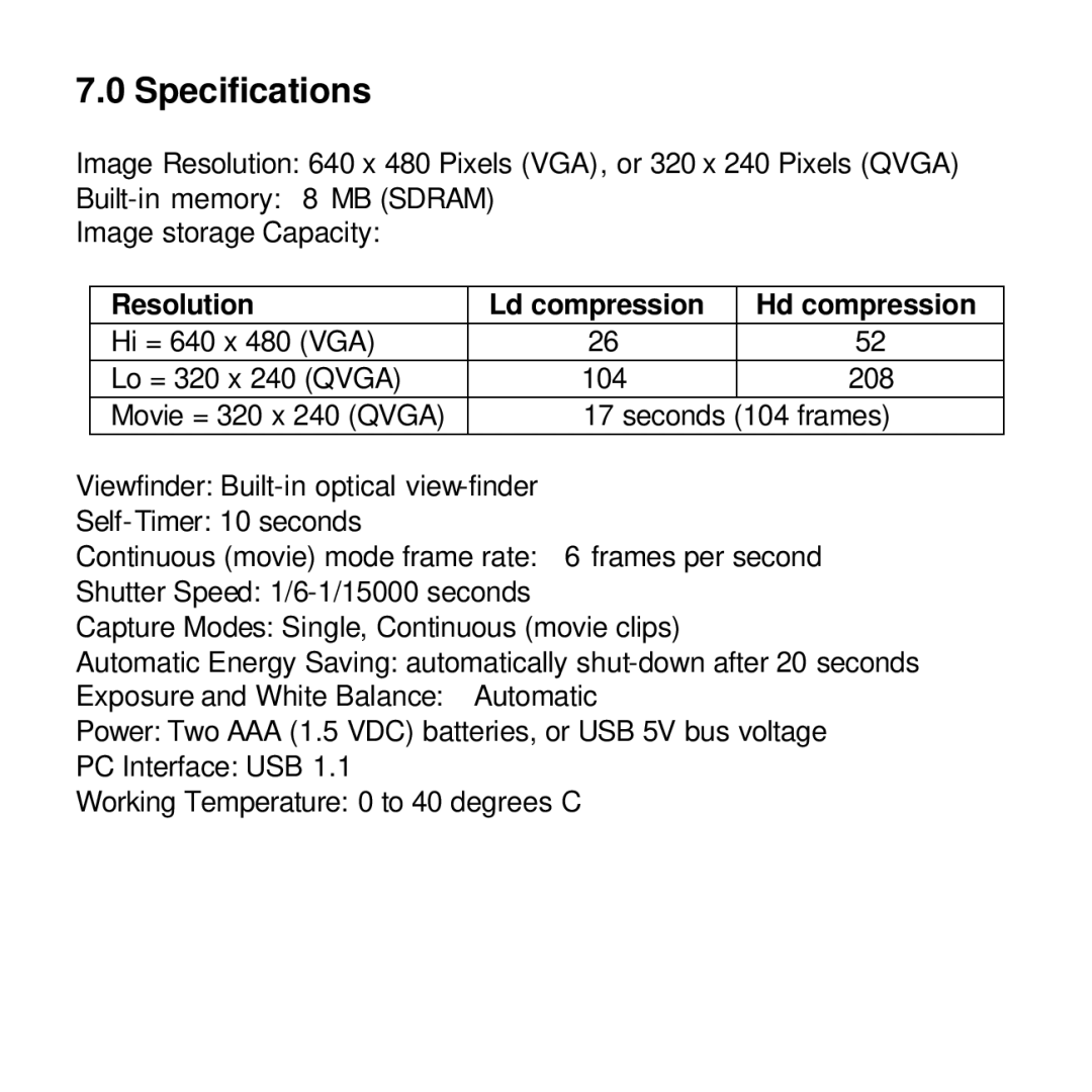 Vivitar viviCam 3350 user manual Specifications, Resolution Ld compression Hd compression 