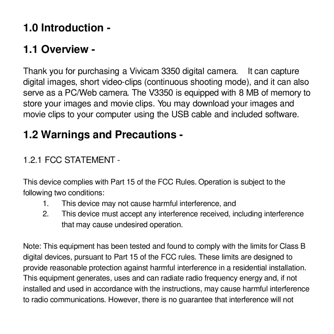 Vivitar viviCam 3350 user manual Introduction Overview, FCC Statement 