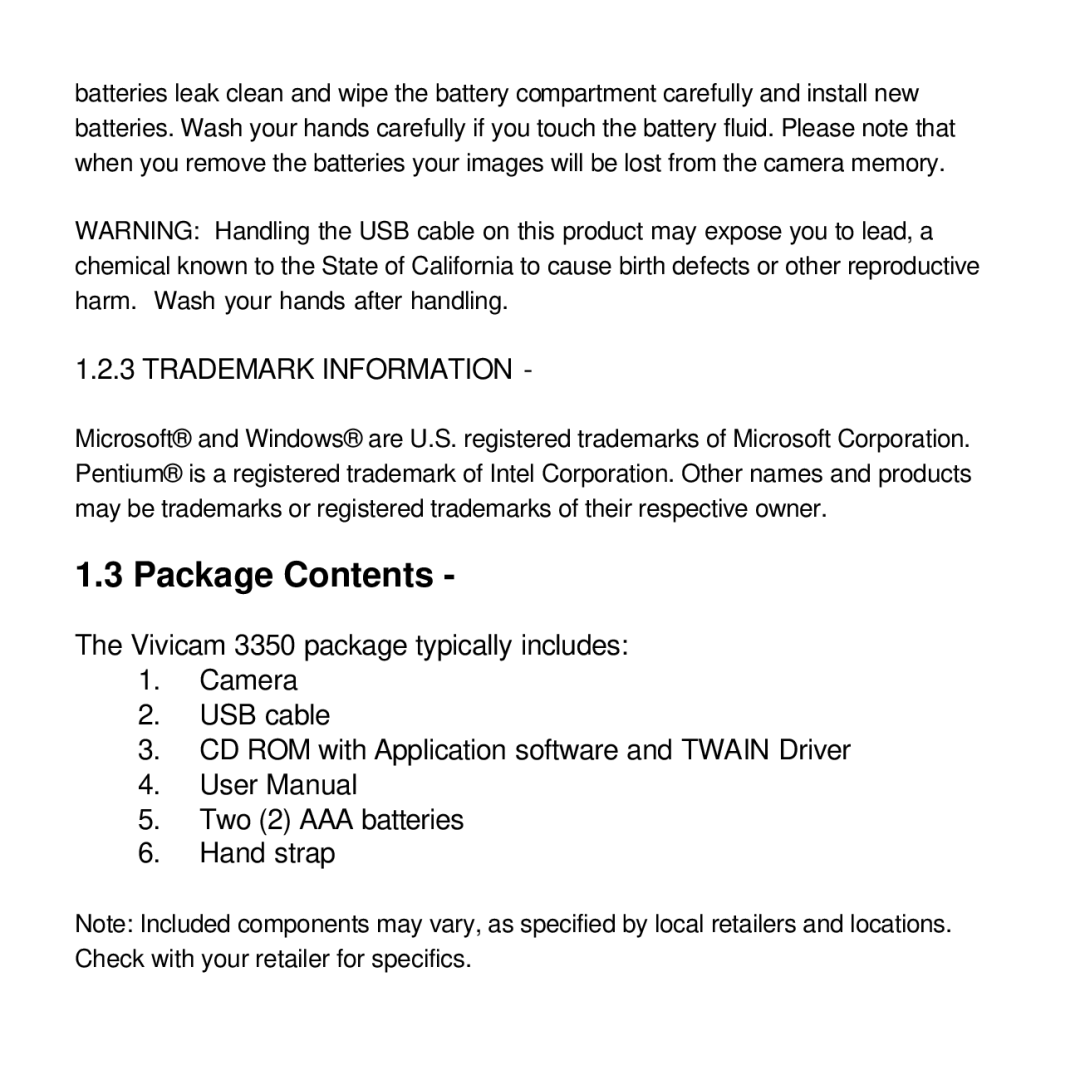 Vivitar viviCam 3350 user manual Package Contents 