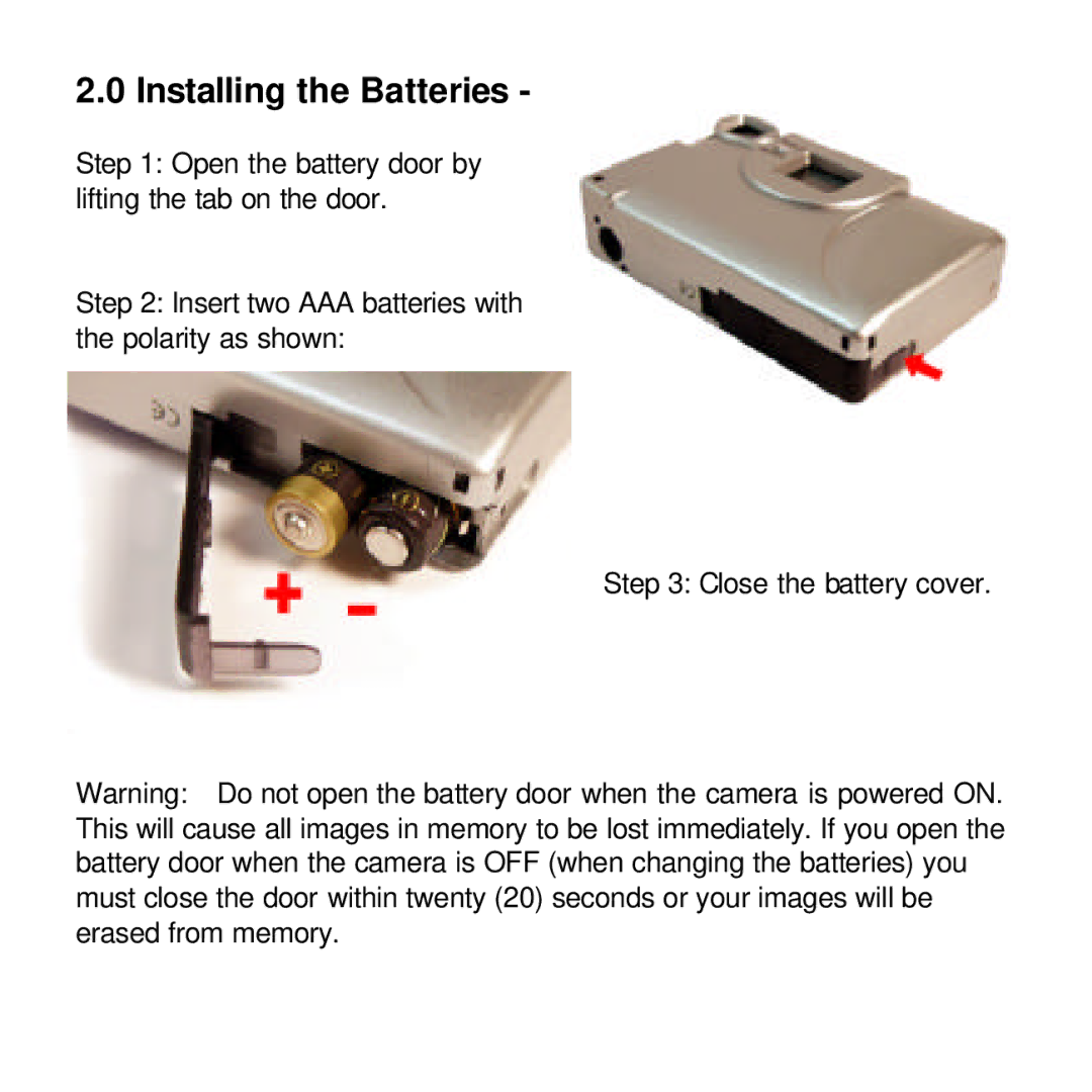 Vivitar viviCam 3350 user manual Installing the Batteries 