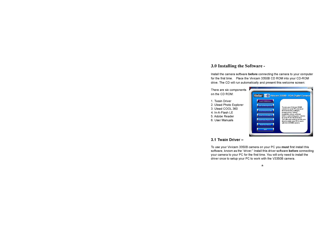 Vivitar Vivicam 3350B user manual Installing the Software, Twain Driver 