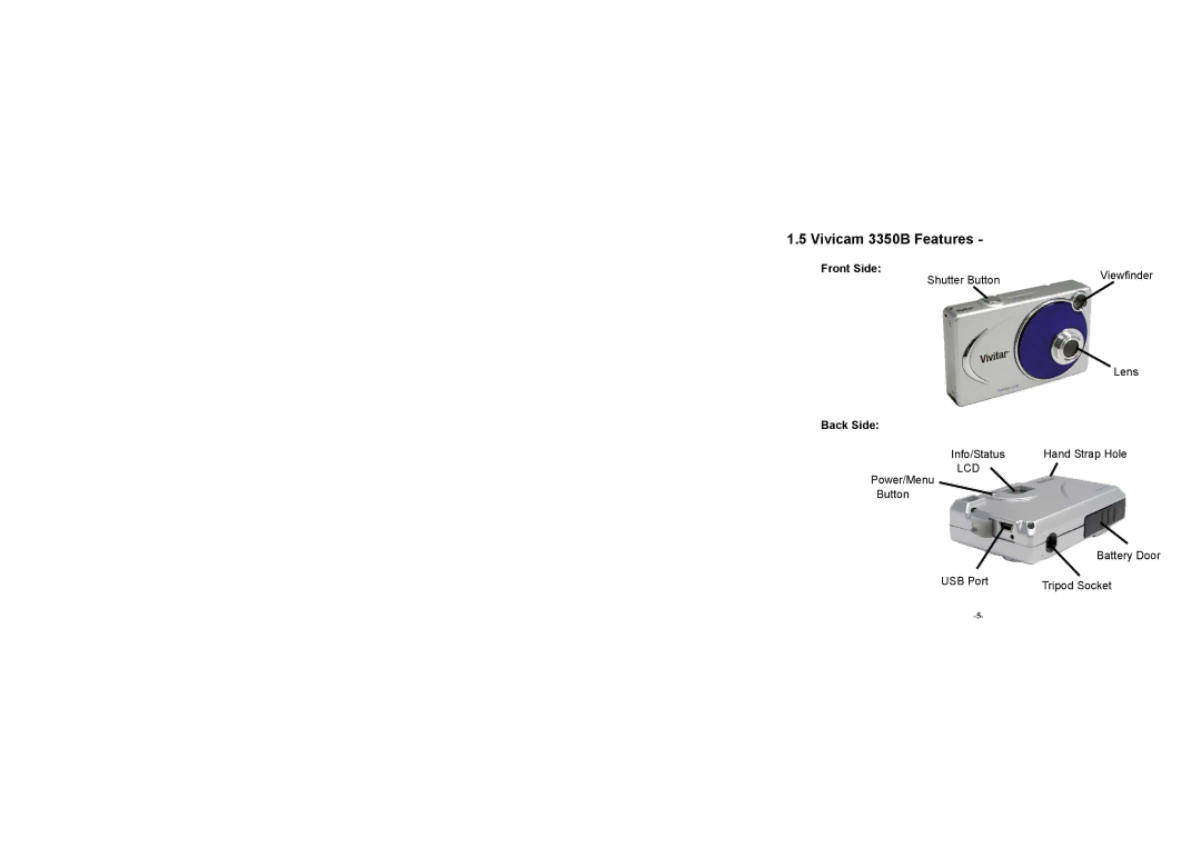 Vivitar user manual Vivicam 3350B Features, Front Side, Back Side 