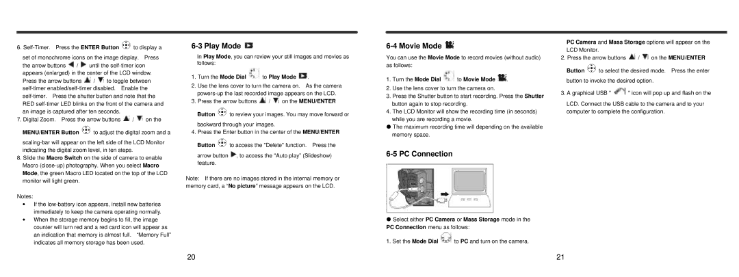 Vivitar Vivicam 3695 user manual PC Connection, Turn the Mode Dial to Play Mode, Turn the Mode Dial to Movie Mode 