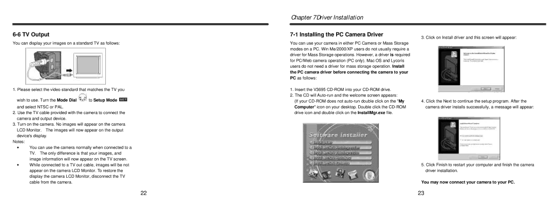 Vivitar Vivicam 3695 user manual Driver Installation, TV Output, Installing the PC Camera Driver 