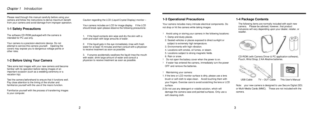 Vivitar Vivicam 3695 Introduction, Safety Precautions, Before Using Your Camera, Operational Precautions, Package Contents 