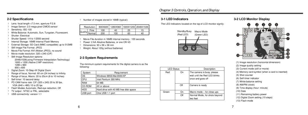 Vivitar Vivicam 3695 user manual Controls, Operation, and Display, Specifications, System Requirements, LED Indicators 