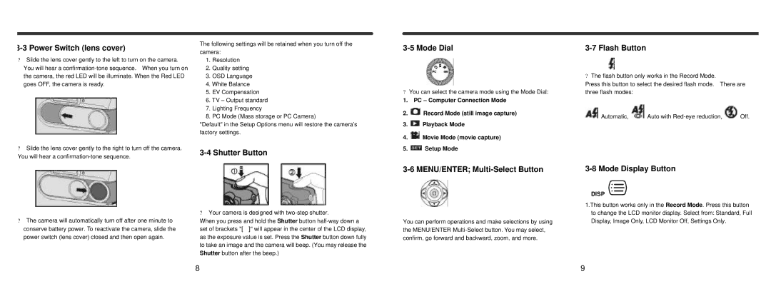 Vivitar Vivicam 3695 Power Switch lens cover, Shutter Button, Mode Dial, MENU/ENTER Multi-Select Button, Flash Button 