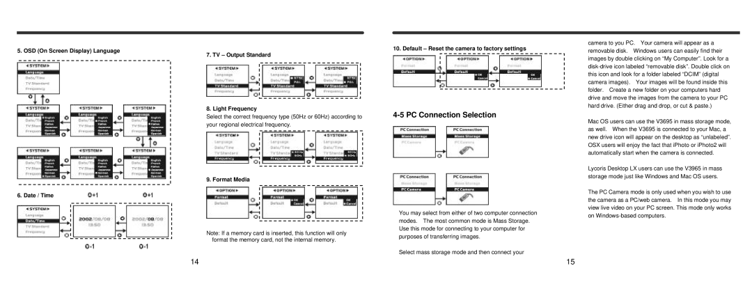 Vivitar Vivicam 3695 user manual PC Connection Selection, Format Media Default Reset the camera to factory settings 